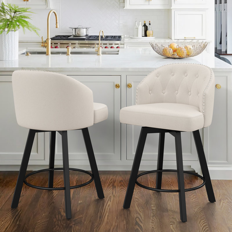 Tabouret de comptoir pivotant en lin rembourré avec pieds en métal, Beige