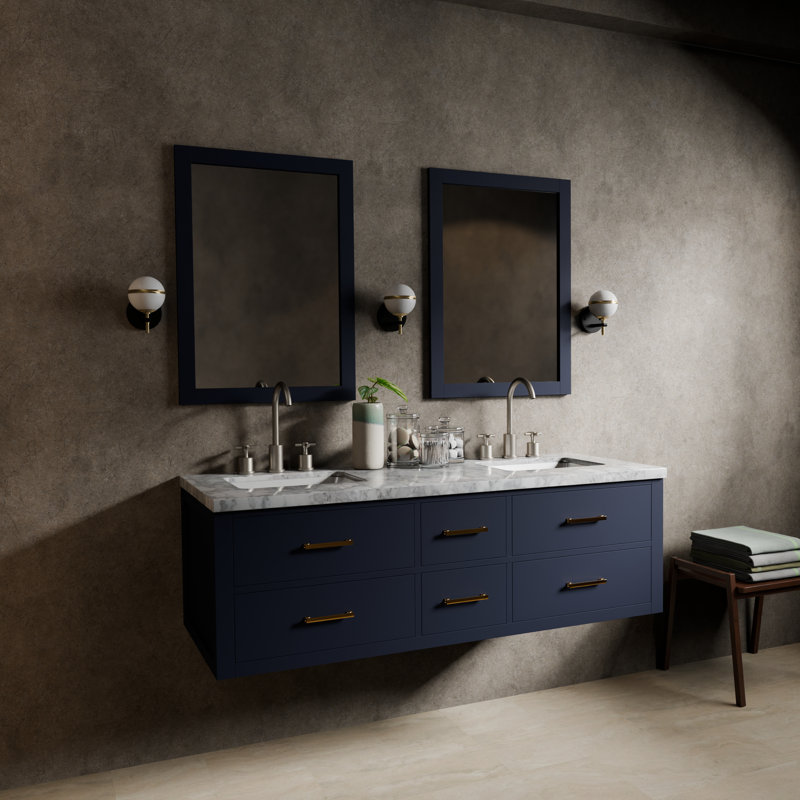 Ensemble de meuble-lavabo double 60 po, Bleu, Marbre de Carrare blanc