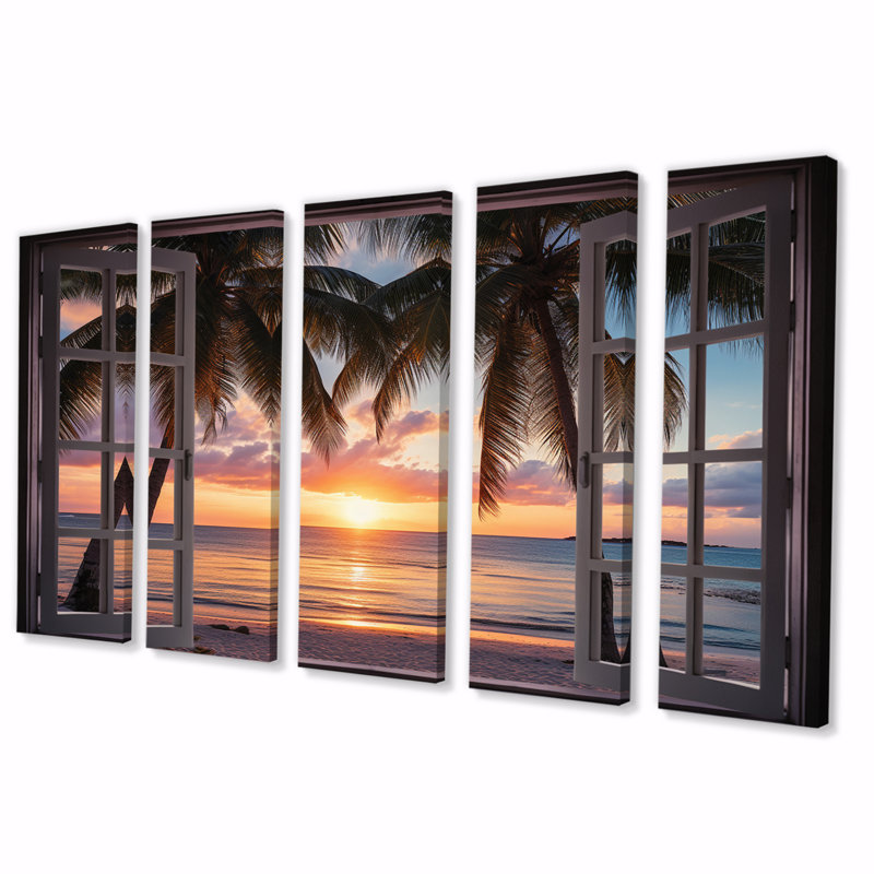 Océan tropical, coucher de soleil à travers une fenêtre blanche ouverte I - art mural sur toile côtière - 5 panneaux égaux
