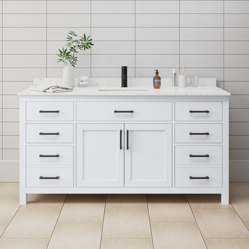 Beckett 66" Freestanding Single Bathroom Vanity with Cultured Marble Top, White, Carrara Cultured Marble, Matte Black