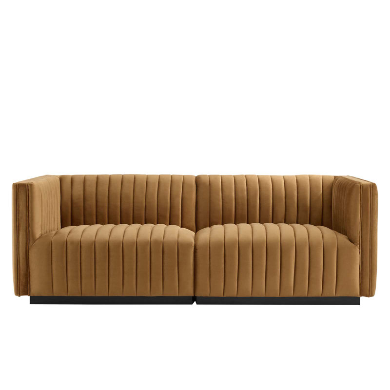 Conjure Channel Tufted Loveseat, Cognac Velvet, Black