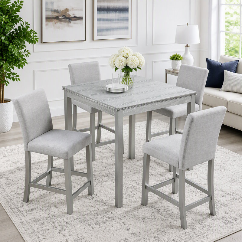 Ensemble de salle à manger 5 pièces hauteur comptoir avec bordure en cristal, Beige / gris argenté