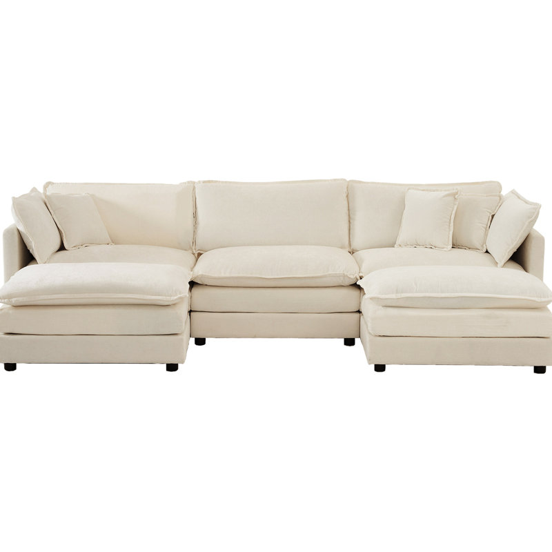 5 canapé d'angle convertible, chenille beige en forme de U, style minimaliste moderne pour un salon modulaire confortable avec 2 repose-pieds, doux et relaxant