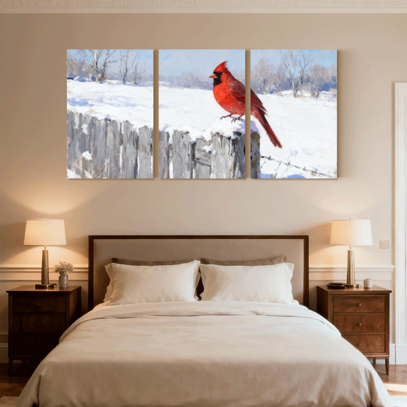 Oiseaux, cardinal sur une clôture enneigée, ensemble de 3 reproductions d'art sur toile, H 24 po x l 48 po