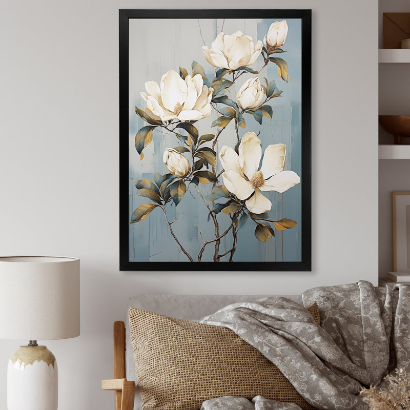 " Blue And Gold Painted Magnolias II ", Black Single Picture Frame, 32" H x 24" W x 1" D