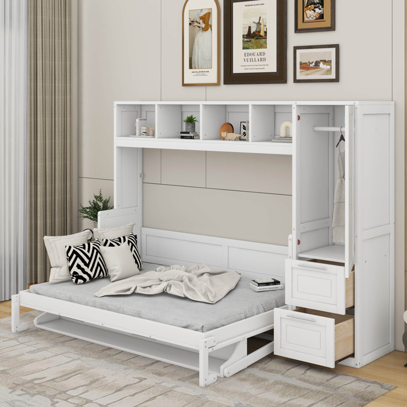 Lit escamotable double avec tiroirs et garde-robe, Blanc