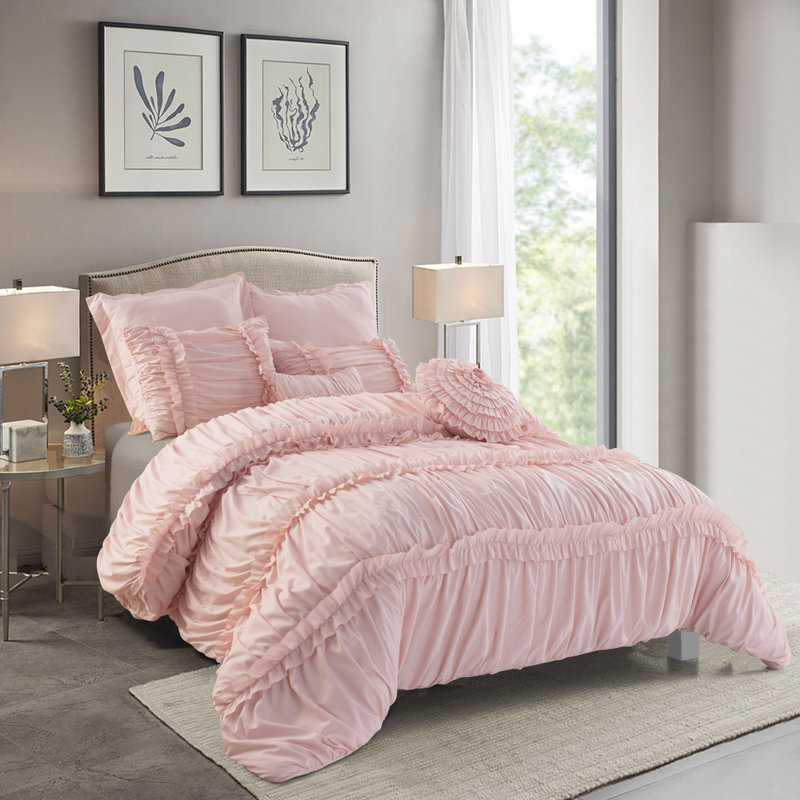 7 Piece Brushed Microfiber Plain Weave Comforter Bedding Set With Accent Pillows, Peach
