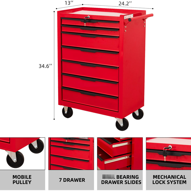 Armoire 7 outils à roulettes - Boîte en métal de grande capacité avec serrure pour atelier, atelier