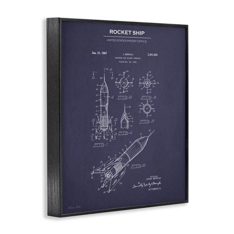 «Rocket Ship Blueprint», art de la giclée encadrée par Susan Ball, Giclée encadrée noir minuit, H 14 po x l 11 po