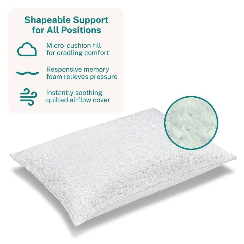 White Quilted Memory Foam Bed Pillow with Microfiber Cover