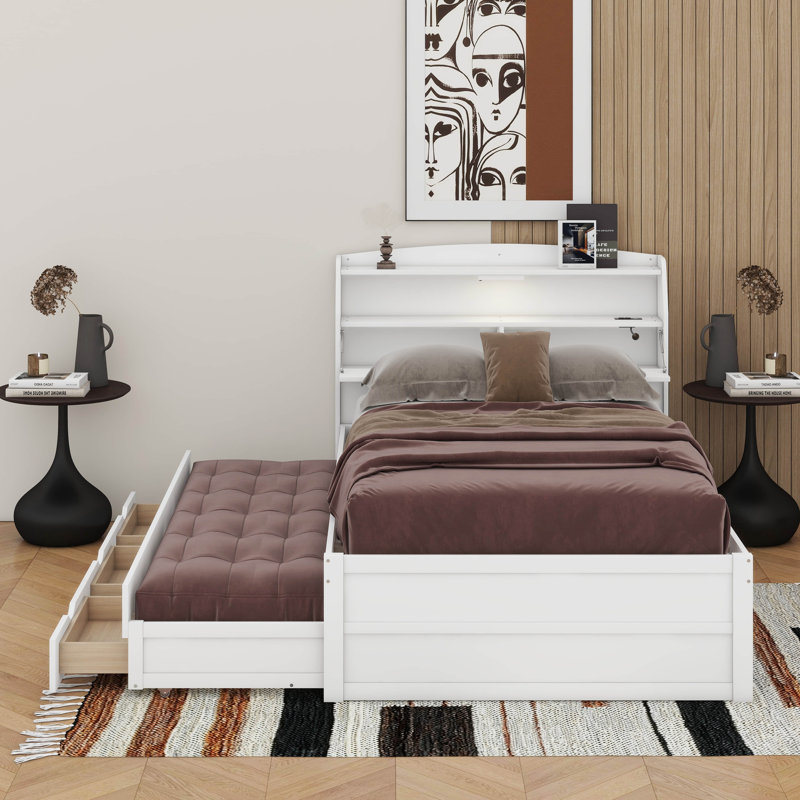 Lit plateforme en bois avec lit gigogne, tête de lit et tiroirs à DEL, Lit double, Blanc