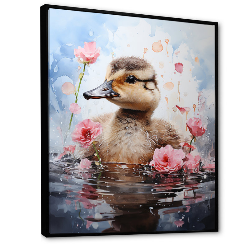 Mignon canard dans l'élégance forale - Art mural animal canard, Cadre flottant noir, H 20 po x l 12 po