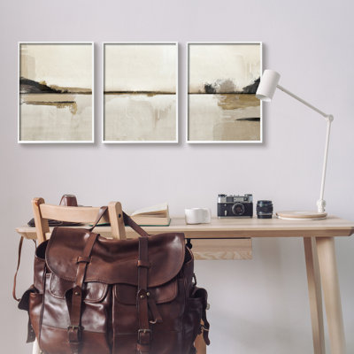 Abstract Beige Landscape 3 Piece White Framed Giclee Art Set by Ros Ruseva