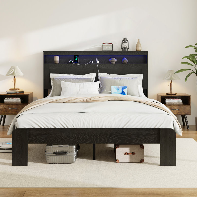 Base de lit plateforme en bois pour grand lit, Noir, Grand