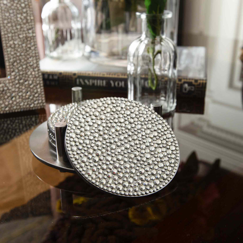 Silver Rhinestone Stainless Steel Coaster Set with Holder, 5"