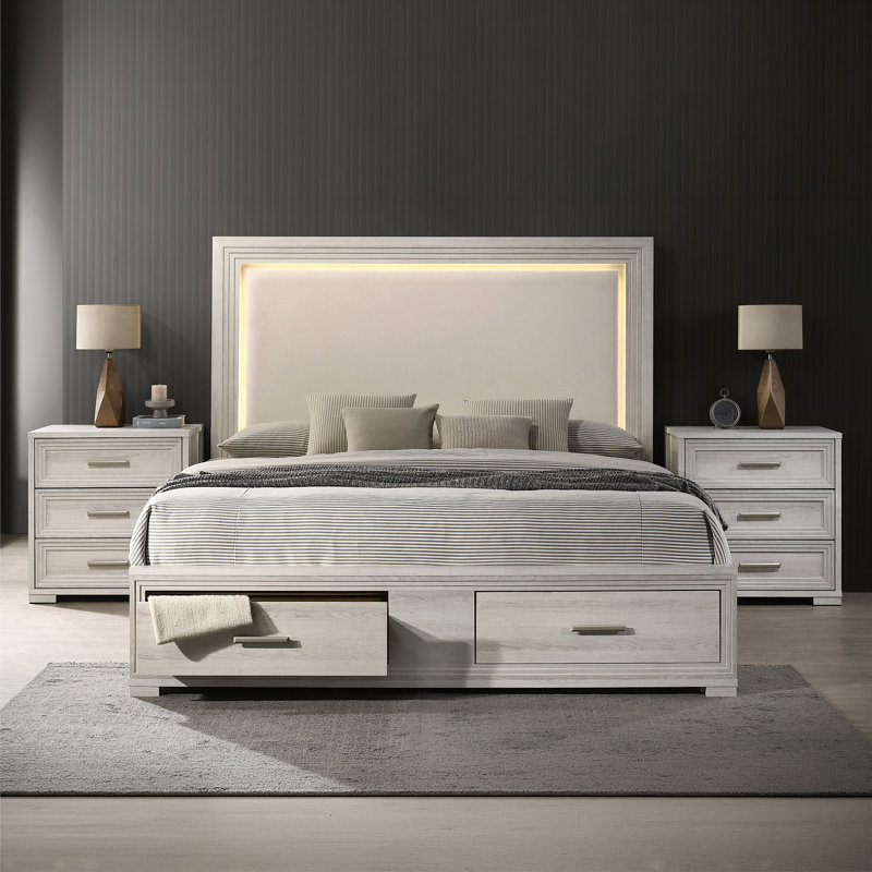 Ensemble de chambre avec lit tapissier Liora, Grand lit, Ensemble de 4 pièces : lit, table de chevet, comm, Rustique naturel