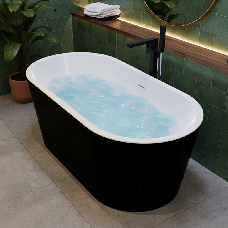 ANZZI Chand Series 55 Inch Acrylic Freestanding Pre-Plumbed Solid Deep Soaker Stand Alone Bathtub With Built-In Overflow And Drain In Black/White