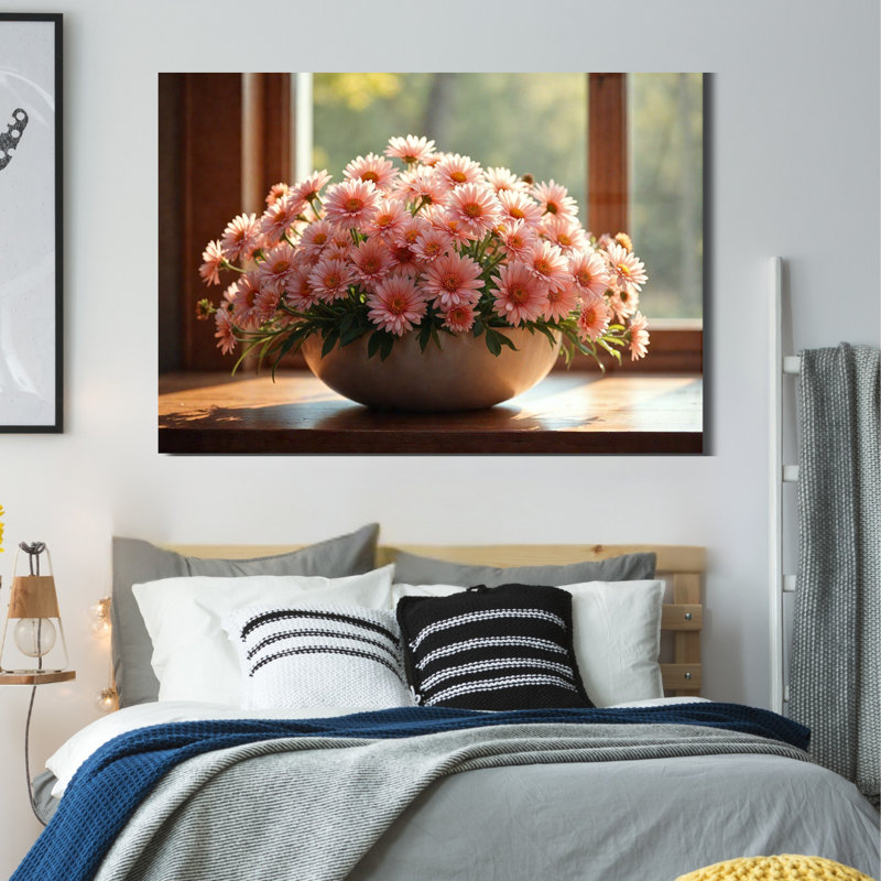 Art mural en verre rose avec marguerites roses, 20" H x 30" W