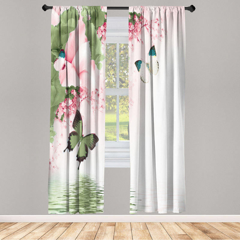 Microfiber Floral Semi-Sheer Rod Pocket Curtain Panels, 28" W x 84" L, Dark Green/Light Pink