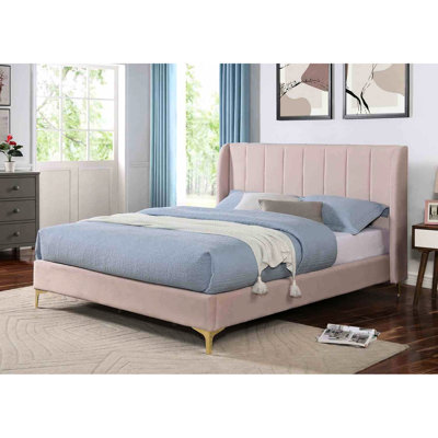 Pink Queen Bed With Contemporary Wingback Headboard, Velvet - Like Upholstery, Gold Metal Legs And Channel Tufting, Foundation Needed Size Frame In Design, Fabric, Requirement