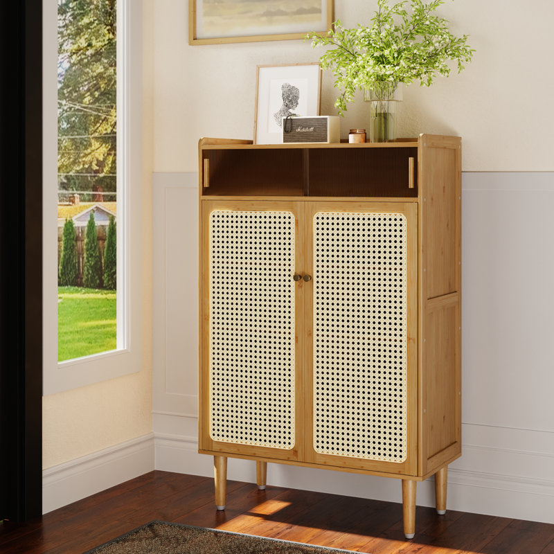 Rattan Shoe Storage Cabinet Free Standing Large Capacity Shoe Organizer