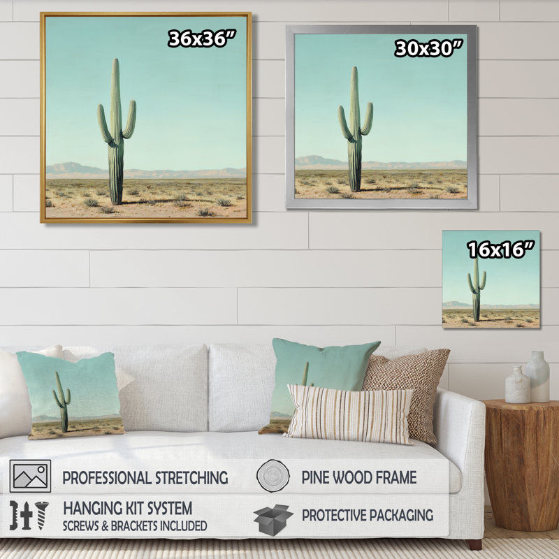 Marlynne, cactus rétro et ciel désert - art mural grand cactus, Impression encadrée flottante, H 16 po x l 16 po, Doré