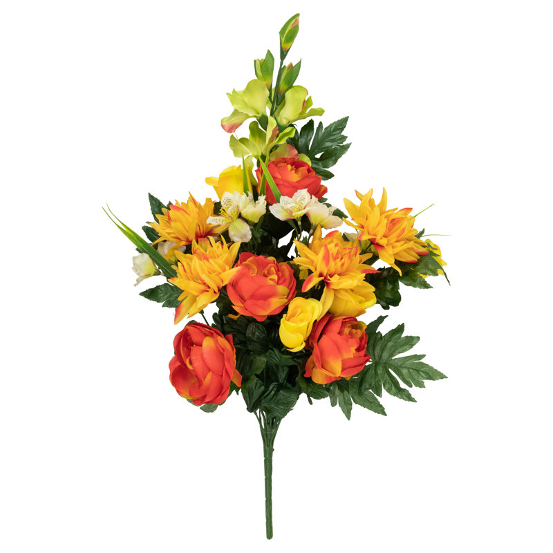 27" Orange and Yellow Dahlia, Peony, and Rose Silk Floral Bouquet