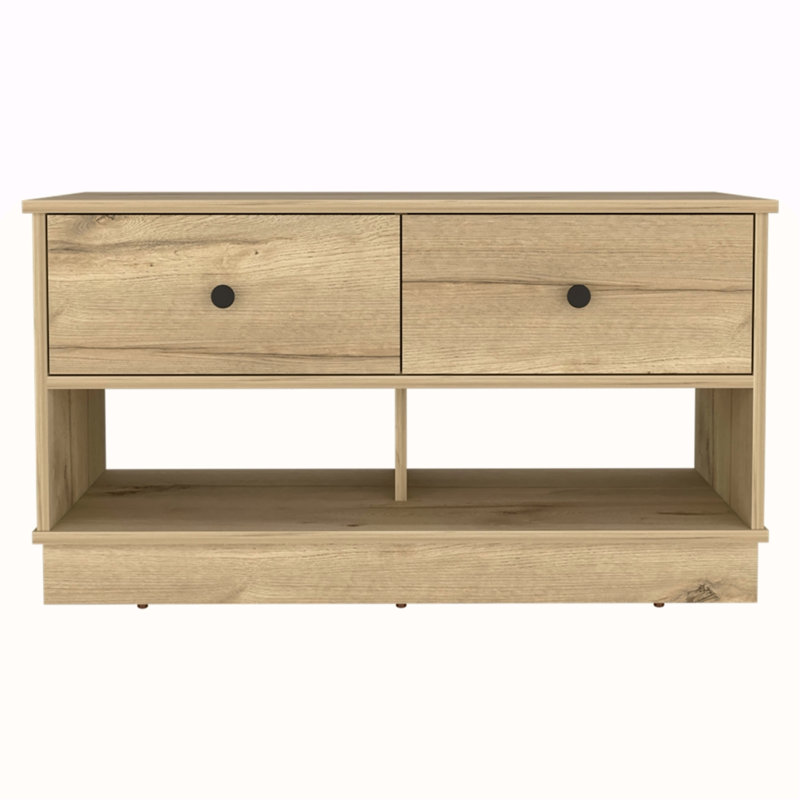 Banc de rangement Hamilton, deux tablettes ouvertes, deux tiroirs - chêne clair
