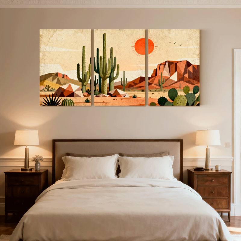 «Landscape & Nature Desert Landscape with Cacti and Sun», ensemble de 3 impressions sur toile, H 18 po x l 36 po