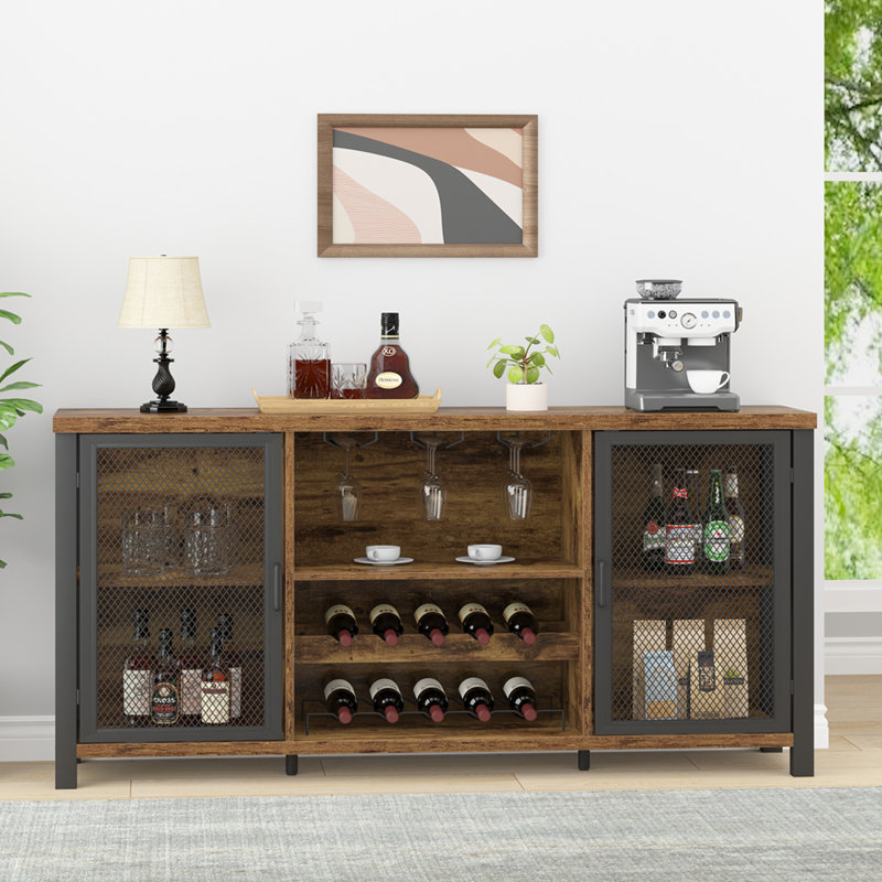 55" Bar Cabinet with Wine Storage and Glass Holder, Modern Bar Cabinet & Coffee Bar Station for Dining Room, Living Room