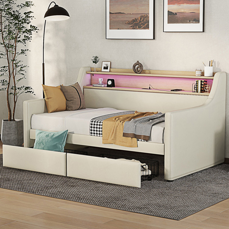 Twin Size Daybed With Storage Drawers, Upholstered Daybed With Charging Station And Led Lights, Day Bed, Beige