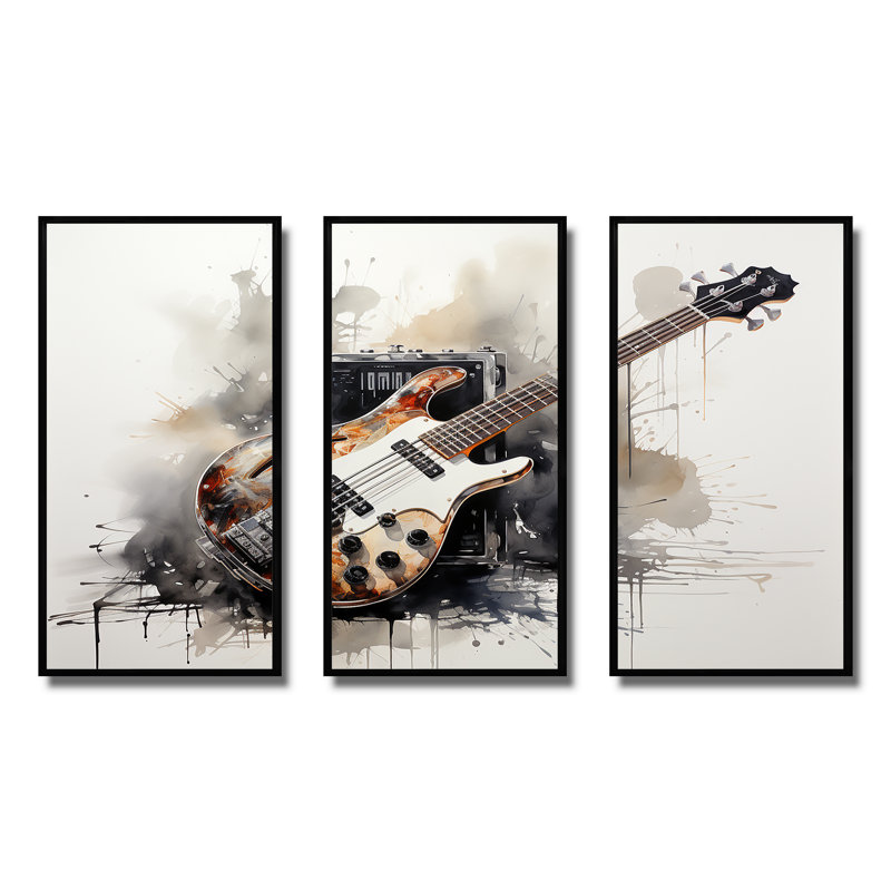 «Brown Charcoal Guitare Vibations IV», art mural musique, H 28 po x l 36 po, Cadre flottant noir