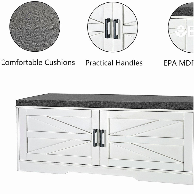 2-Tier Storage Bench, Shoe Bench with Padded Seat Cushion, Entryway Bench with 2 Barn Doors & 2 Adjustable Shelves