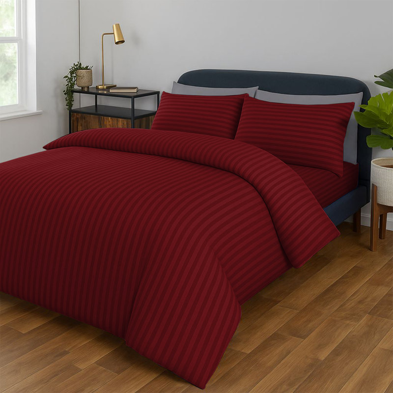 Classic Stripe Microfiber Duvet Set, 4-Piece With Fitted Sheet & Pillowcases, Burgundy Striped