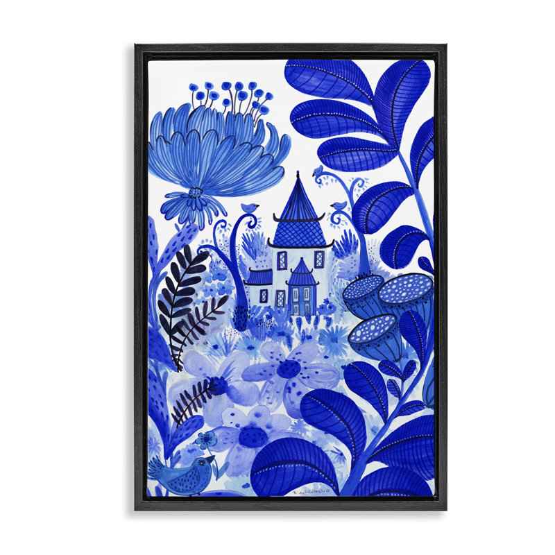 Cadre flottant fantaisiste bleu, par Kay Widdowson, H 25 po x l 17 po, Cadre flottant noir de jais