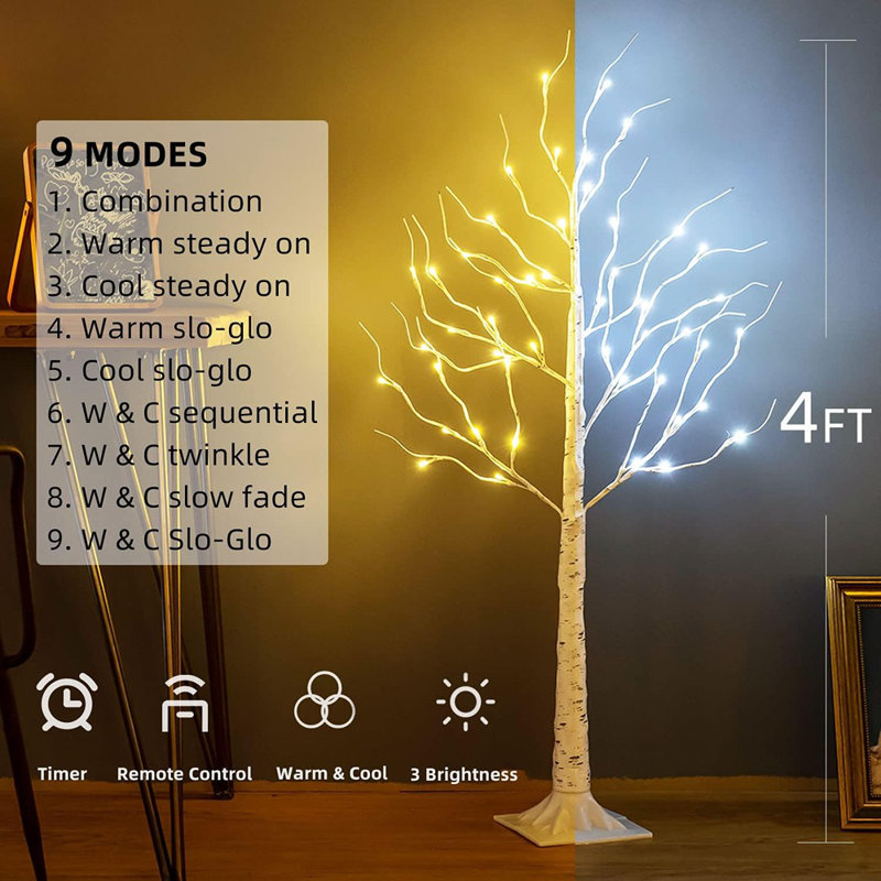 Set Of 2 Lighted Birch Tree, 48LED Birch Tree Lights,Artific...