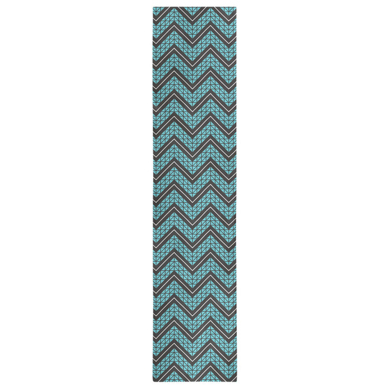 Chemin de table à chevrons à la main classic Stephenie, 16 po x 90 po, Bleu sarcelle / Noir onyx