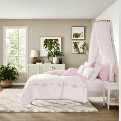 Ensemble de literie rose pour lit double/queen, couette en microfibre à motif floral et nœud papillon pour chambre à coucher