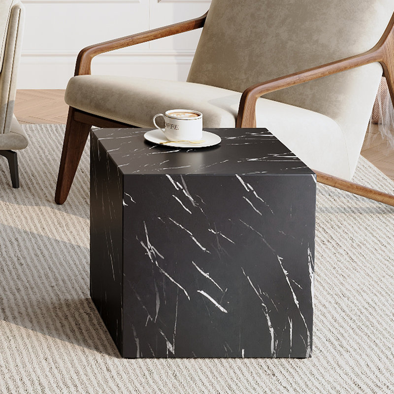 Square Side Tables For Living Room, Marble-Patterned Coffee Tables, Fully Assembled, Multi-Functional, Black
