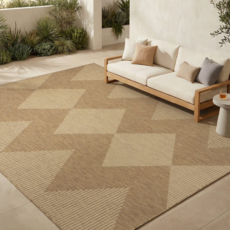 Modern Geometric UV-resistant Indoor / Outdoor Area Rug in Brown/Beige, Rectangle 9' x 12'