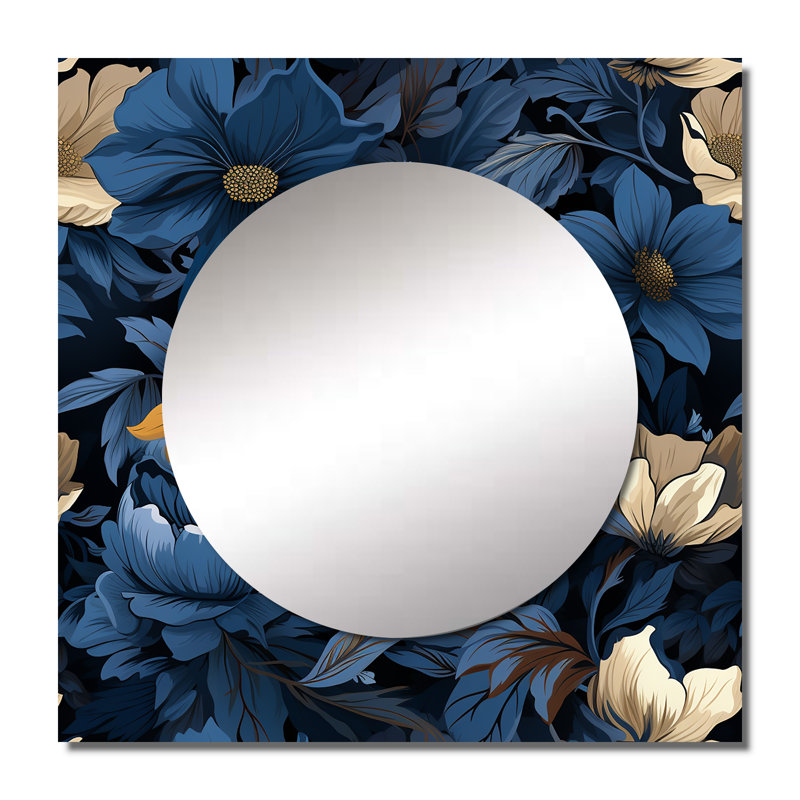 Nightfall - Motif floral bleu foncé et blanc - Miroir floral carré pour décoration murale, 23 po x 23 po
