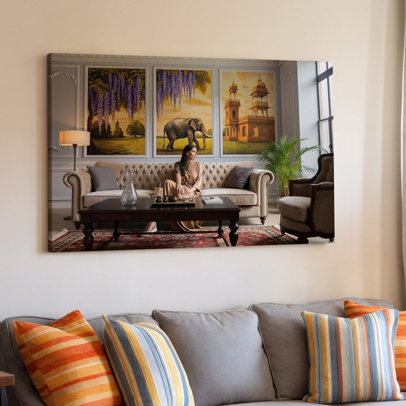 Toile, une scène de salon confortable avec une femme assise sur un art mural, un canapé beige moelleux élégamment orné d'un art mural sur toile contemplatif