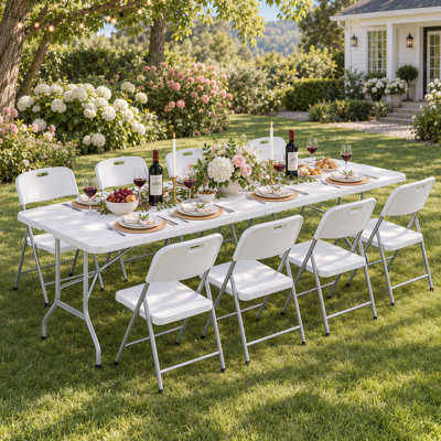 8ft Plastic Folding Table, Portable Picnic Table for Indoor Outdoor Use, Rectangular Foldable Table with Carrying Handle