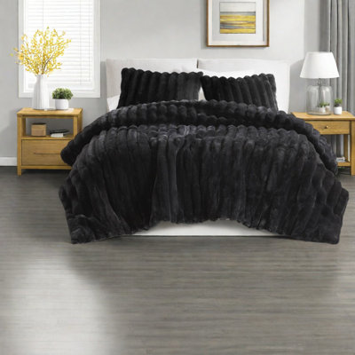 Ensembles de literie luxueux en fausse fourrure noire, édredon très grand avec motif côtelé pour les chambres à coucher modernes