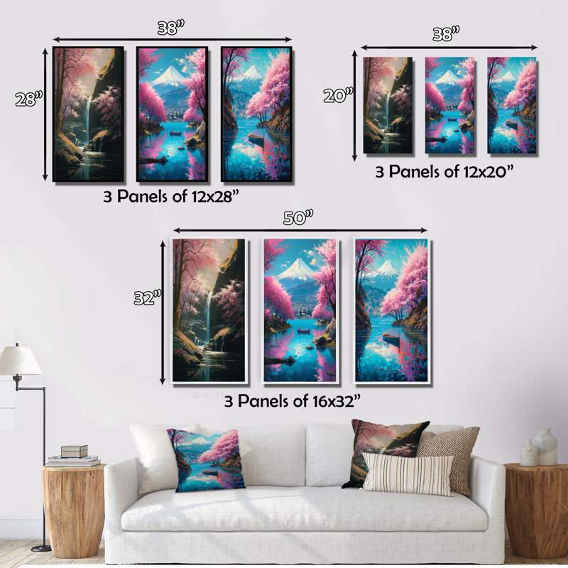 «Cherry Blossom Stream», 3 pièces sur toile, Cadre flottant blanc, H 32 po x l 48 po