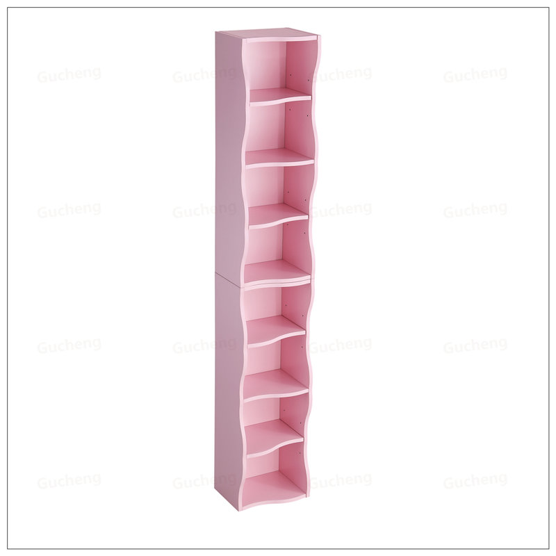 8-Layer Adjustable Shelf Ultra-Thin Bookshelf With Wavy Border Design For Aesthetic Home Office Storage, Pink