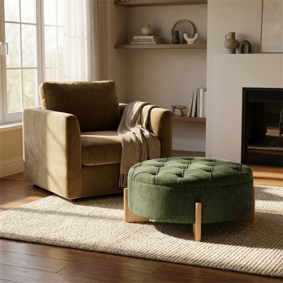 Round Ottoman with Button-Tufted Upholstery; Chenille Fabric with Solid Wood Legs; Wooden Coffee Table; Modern Minimalist Style, Green