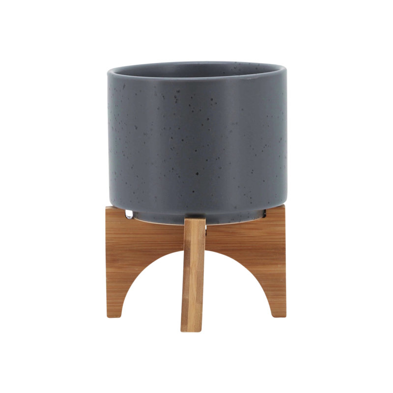 Planter W/ Wood Stand, Matte Gray, 7" H x 5" W x 5" D