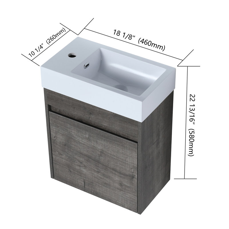 Meuble-lavabo mural 18 po avec lavabo en résine blanche et porte d'armoire à fermeture en douceur 18 po, Plaid Grey Oak