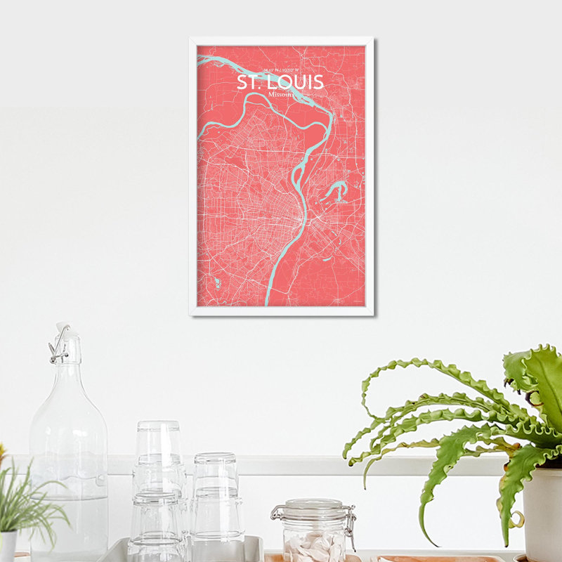 St. Louis City Map, impression, Rose / bleu pastel, H 17 po x l 11 po